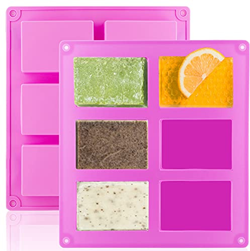 LERYKIN 2 Pack Silicone Soap Molds, 6 Cavities Rectangle Silicone Soap Molds, Great for Homemade Craft Soap Mold, Chocolate Mold, Cake Mold ＆ Ice Cube Tray - Just Pop Out（Pink）