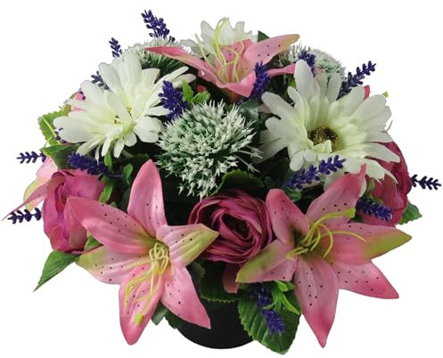 Artificial/Silk Grave Flower Arrangement in Grave Pot - Long lasting grave flowers with Cerise/Mauve Ranunculus, Pink Lilies, Large Gerbera, and Lavender, 25cm