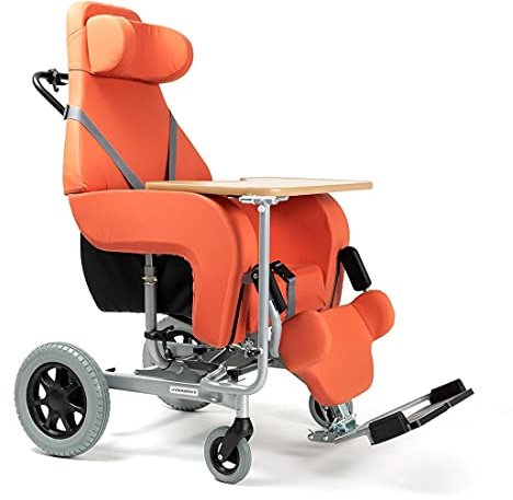 FabaCare Pflegerollstuhl Coraille mit Tisch und Liegefunktion für Außenbereich, Multifunktionsrollstuhl neigbar, Orange, Sitzbreite 48 cm