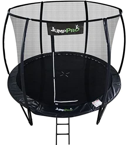 10ftJump PRO Xcel Round Trampoline. Black Powder Coated Steel for Added Rust Protection. Strong Sturdy Frame Black Padding. High Specification with Safety Ladder for Additional Safety.