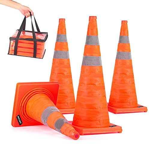 BATTIFE [4 Pack] 28 Inch Collapsible Traffic Safety Orange Cones, Multi Purpose Pop-up Cones and Reflective Collar, for Road Parking, Driving Practice