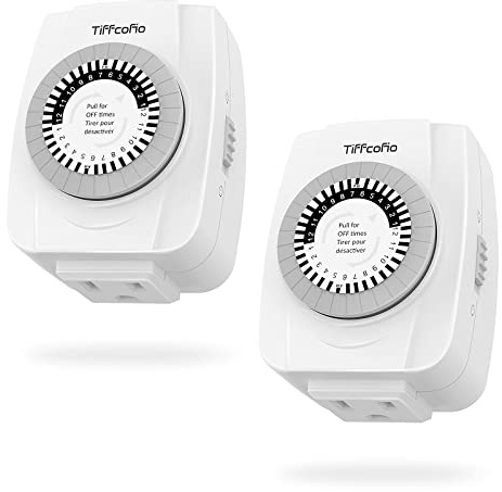 TiFFCOFiO Temporizador mecánico de Salida para Interiores, temporizadores de 3 Clavijas para Tomas eléctricas, Temporizador de luz programable de 24 Horas, listado ETL, Paquete de 2