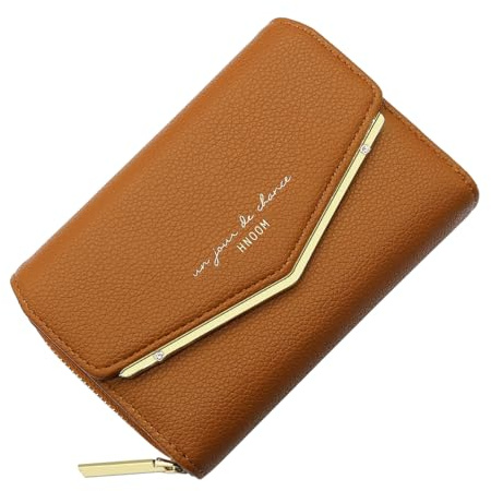 HNOOM Geldbörse Damen klein, Kleines Portemonnaie, Glattem und Weichem Synthetisches PU Leder, Damen Geldbeutel im Kurzformat mit Druckknopf Reißverschluss und 9 Fächer (Braun)