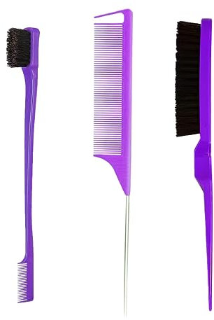 3 Pieces Hair Styling Comb Set, Double Sided Edges Brush, Teasing Hair Brush Rat Tail Comb, Plastic Bristle Hair Brush, Edge Control Brush, for Home, Hairdressers(Purple)