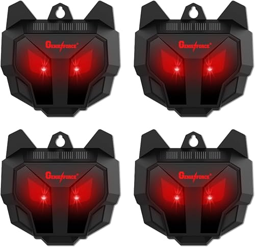 Genieforce® GF-GC-03 Lot de 4 répulsifs solaires à LED rouges pour animaux sauvages, prédateurs, martres, renards, ratons laveurs, etc. Fonctionne à l'énergie solaire pour jardin, ferme, poulailler