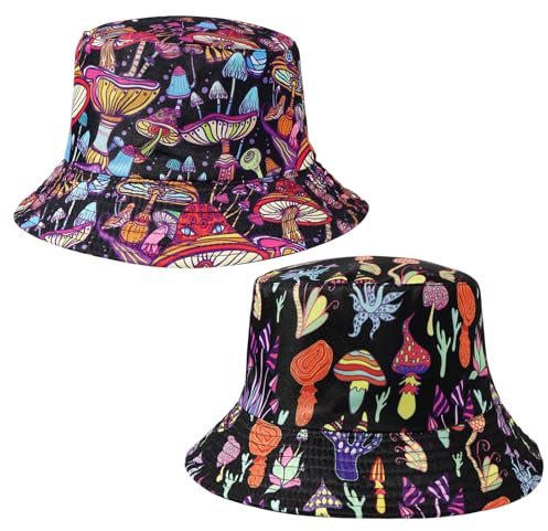 SKHAOVS 2 Stück Reversibel Fischerhüte Anglerhut Sonnenhut Für Herren Damen Mädchen Buckethut Faltbar Fischerhut Anglerhut Freizeithut Outdoor Reisen Camping Freizeithut Sommerhut (2pcs)