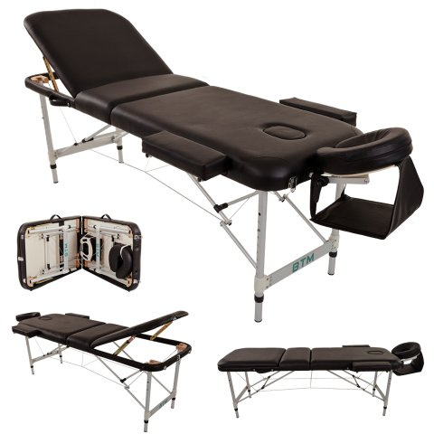 BTM Massage Table, Aluminium Lightweight Massage Bed, Eyelash Bed for Professional Beauty Tattoo Spa,3 Section with PU Leather and 5 cm Foam Headrest Arm support and Carrying Bag (Black)