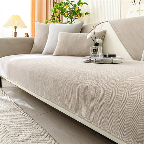 Herringbone Chenille Fabric Furniture Protector Sofa Cover 1 2 3 Seater, Non-Slip Sofa Slipcovers for Corner L Shape, Thick Textured Sofa Cushion Covers Furniture Protector (Sand,70x70cm)