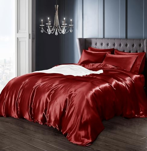 Intimates Satin Silky Bedding Sets Duvet Cover, Fitted Sheet and Pillowcases Easy Care Duvet Cover Complete Set (King, Red)