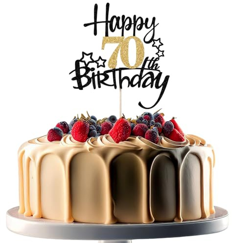 JEKUGOT 70th Birthday Cake Toppers, Black and Gold Glitter Cake Decorations, Happy 70th Birthday Cake Toppers for Men and Women Themed Party (1pcs)