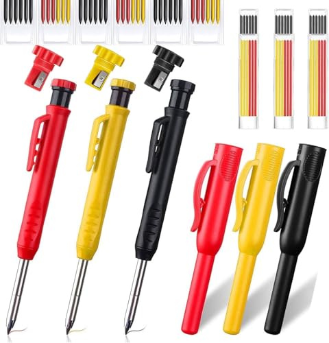 Mechanischer Zimmermannsbleistift mit Anspitzer, BetterJonny 3 solide Zimmermannsbleistifte und 36 Nachfüllungen, Holzstifte mit tiefen Löchern mit 3 Schutztasche (schwarz, rot, gelb)