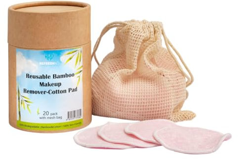 Refreshko Reusable Makeup Remover Pads 20 Pack with Washable Laundry Bag and Round Box for Storage | Natural Bamboo and Organic Cotton Rounds for All Skin Types - Eco-Friendly Reusable Cotton Pads