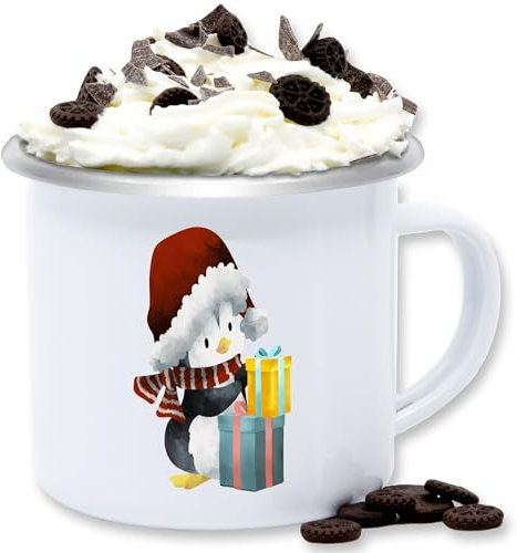 Emaille Tasse Blechtasse - Weihnachtstasse - Pinguin Weihnachten - 300 ml - Weiß Silber - weihnachtstassen christmas pinguine weihnacht tassen weihnachtsmotiv weihnachtsbecher weihnachts glühwein