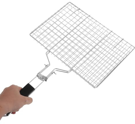 Milisten 19.69 (50cm) Stainless Steel Fish Grilling Basket - Large Folding BBQ Grill Rack with Heat Resistant Handle - Portable Mesh Clamp for Vegetables, Shrimp & Steak - Heavy Duty Outdoor Barbecue
