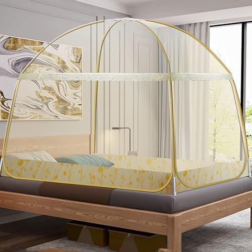 CATANK Moskitonetz, Betthimmel, Wohnzimmer, Doppeltür, Anti-Mücken-Zelt mit Reißverschluss, einfach einzurichten, für Reisen, Zuhause, im Freien, Beige, 1,8 x 2,2 m