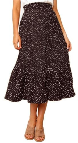 Oyamiki Ladies Vintage Summer Long Skirts Polka Dot Elegant Pleated Skirts Daily Vacation A Line Skirt, L Coffee