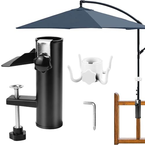 HEKOBAG Support de Parasol, Support Fixation Parasol Balcon avec Crochet pour Parasol, Support Parasol Balcon pour Balustrade en Métal, Attache Parasol Balcon pour Parasol, Parapluies, Terrasse (Noir)