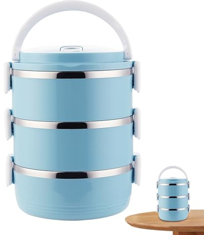 Stainless Steel Stackable 3-Tier Insulated Metal Lunch Box with Handles - 2100ML Portable, Leak-Proof BPA-Free Bento Box for Adults, Work & Picnic - Blue