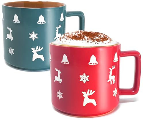 com-four® 2x Tazza da caffè natalizia XL in porcellana da 450 ml - Verde e rosso - Tazza festiva con motivo natalizio - Tazza da caffè natalizia - Tazza natalizia bicolore (Motivi natalizi - 450 ml)