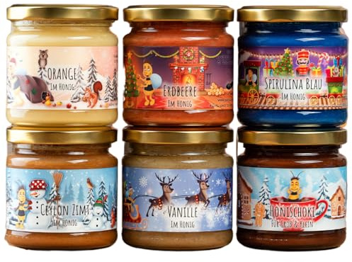Gregas Imkerei - 6er Weihnachts-Familien Honigset – Ki Xmes Edition – Weihnachtsgeschenke Set 6x 250g Glas