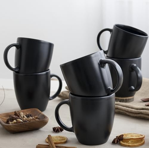 Nortea - Nachhaltiges Steingut Tassen-Set, 6-teilig, 380 ml, Schwarz Matt - Nordisches Design Kaffeetassen Set 6er