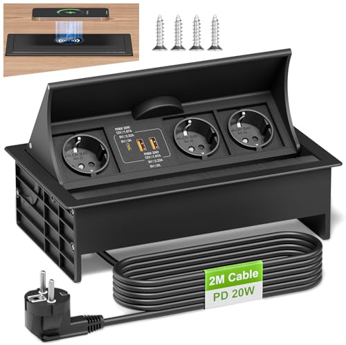 Einbausteckdose mit USB C PD 20W, Versenkbare Steckdose mit Kabelloses Ladegerät 15W, Tischsteckdose 3 Fach Einbau Steckdosenleiste für Arbeitsplatte, Schreibtisch, 2M Kable, Schwarz