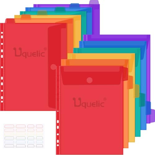 Uquelic Bolsas perforadas de plástico A4, paquete de 12 carpetas A4, carpetas de plástico para documentos con bolsillo para oficina en casa, color