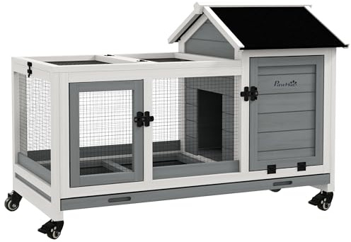PawHut Clapier Cage à Lapins Rongeurs 108L x 58l x 73,5H cm Bois Gris | sur Roulettes, 2 Portes Verrouillables, Tiroir à Déjection