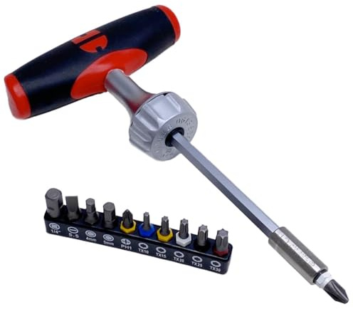 Würth Zebra 061363040 - Destornillador de carraca con mango en T (1/4, 40 NM, incluye puntas de 12 piezas, TX PH, ranura en cruz, con función de carraca)