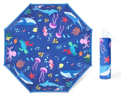 decalsweet Paraguas Plegable Infantil Antiviento, Paraguas Ligero Compacto Automático Anti-Rebote con Reflectante, Paraguas Mini Portatil para el sol de Viaje para Niñas, Niños, Mundo Submarino