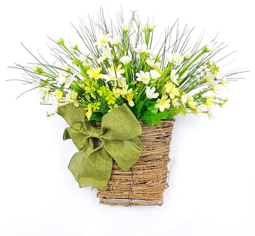 Spring Basket Wreaths for Front Door,Door Hanger Basket Wreath,Wildflower Door Hanging Basket Wreath,Spring Summer Wreaths for Front Door