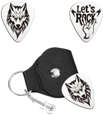 UNICRAFTALE Gitarrenplektren Geschenke Edelstahl Wolf Gitarrenplektren Doppelseitig Laser Personalisiertes Plektrum Mit PU Lederetui Let'S Rock Gitarrenzubehör Musiker Spieler Plektrum Geschenk