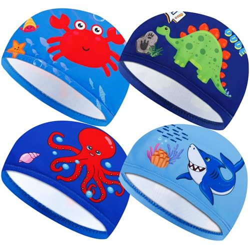 Enjamyo 4 Pcs Kids Swim Caps, Fabric Swimming Caps for Kids,Cute Swim Cap, Swimming Hats Bathing Caps for Toddlers Boys Girls Long Short Hair