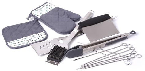 BIRAMBEAU, Grillbesteck-Set: 8 Edelstahl-Spieße 25 cm + Bürste und Schaber + Schaufel XL Edelstahl + Baumwollhandschuh + Topflappen aus Baumwolle + Grillzange Silikon + Gemüseschneider Plancha