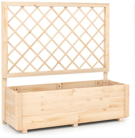 TANGZON Raised Garden Bed with Trellis, Freestanding Solid Wood Planter with Drainage Hole, Outdoor Elevated Trough Planting Support Box for Vine Climbing Plant (Natural, No Liner, 98 x 34 x 104 cm)