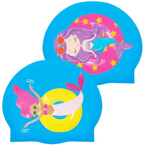 Tivcck 2 Pcs Kids Swim Cap,Silicone Swimming Cap,Silicone Swim Caps for Kids Boys Girls, Waterproof Bathing Caps,Mermaid Swimming Hat for Long and Short Hair