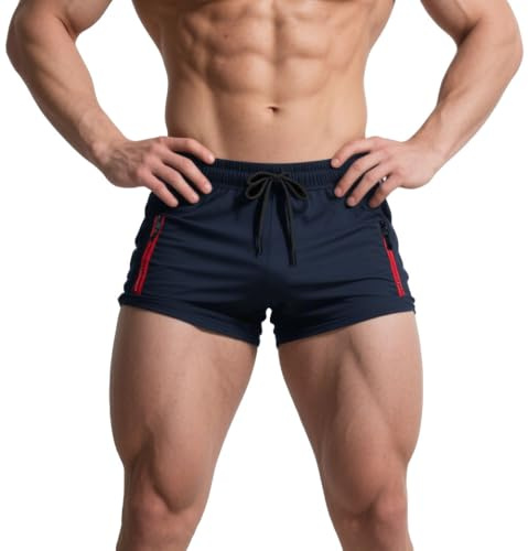 Muhshoiy Herrbadbyxor, Luftiga Bomullsfoder med 2 Fickor, Strandshorts Badshorts för Män Elastiska Träningsshorts Justerbara med Dragsko Blå XL