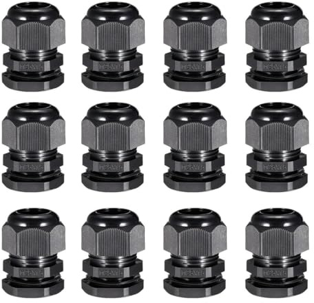TA-VIGOR 12Pcs M25 x 1.5 Cable Gland, IP68 Waterproof Adjustable Plastic Nylon Wire Connectors Gland Joints for 12mm-15mm Cables, Locknut Stuffing Glands with Locknut and Washer – Black