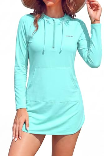 SHEKINI Damen Rash Guard Hoodie Langarmshirts Sonnenschutz Surf Shirt mit Halber Reißverschluss Sport Blusen Badeshirt Surfanzug Schwimmshirt