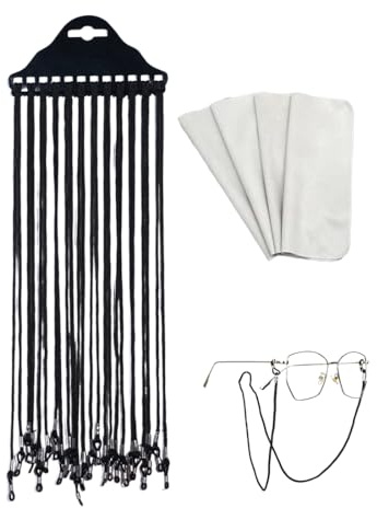 BEPSYOM Lot de 12 Cordons pour Lunettes Réglables en Nylon avec Mousqueton, Attache Lunettes pour Lunettes de Soleil, de Lecture et de Sport Noir avec 4 Chiffons de Nettoyage