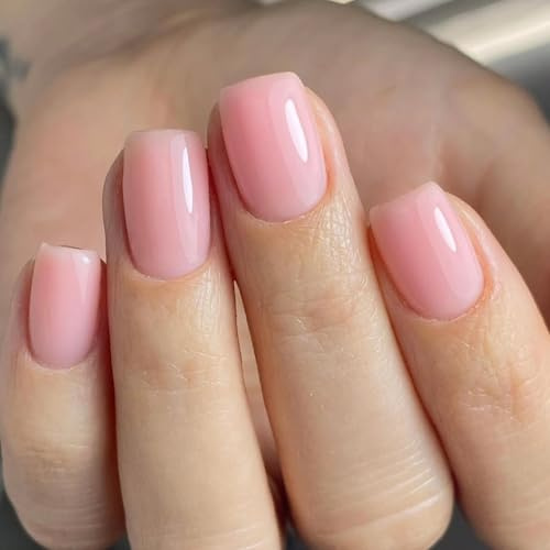 Viugex 24Pcs Faux Ongles Autocollants Courts Carrés, Rose Nude Brillant Press on Nails, Français Faux Ongles Sans Colle, Reutilisable Acrylique Couverture Complète Ongle à Coller pour Femmes et Filles