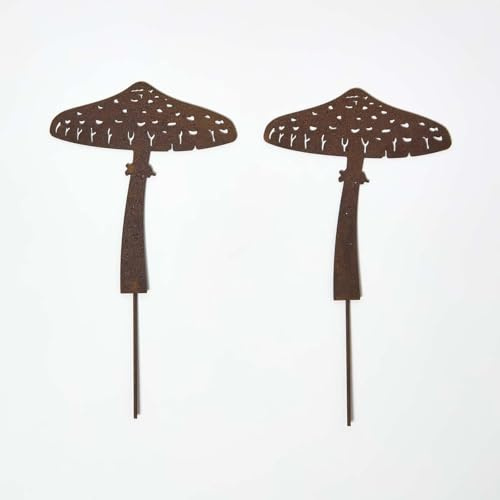 HOMESCAPES Metal Garden Stakes Decorative, Set of 2 Rustic Metal Plant Silhouette, 27cm Parasol Mushroom Stake, Weatherproof Vintage Outdoor Ornament for Gardens, Plant Pots, Planters & Balcony