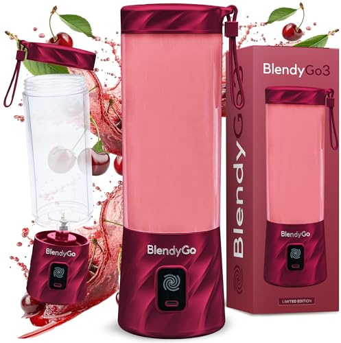 BlendyGo 3 Tragbarer Mixer, Blender, Mini Standmixer, 550 ml, Smoothie maker, Mixer smoothie maker to go, kabellos, zerkleinert Eis und Obst, BPA-freie, PulseMotion & BlendPro (Cherry Metallic)