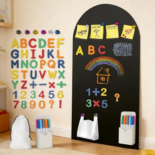 NewFamily Arch Magnetic Chalkboard Wall Decal, 39.3 x 17.5 Peel and Stick Blackboard Wall Sticker, Write & Wipe, Includes 12 Liquid Chalk Markers, 72 Magnetic Letters & Numbers for, Home, Office