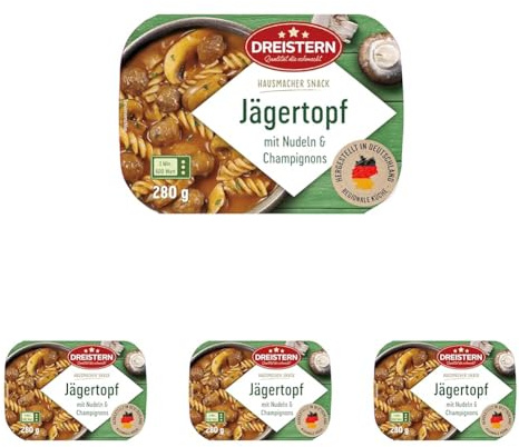 DREISTERN Jägertopf 280g I Mit Champignons & Nudeln I Herzhaftes Fertiggericht in Mikrowellenschale I Lange Haltbarkeit dank natürlicher Konservierung I Hausmacher Qualität (Packung mit 4)