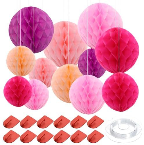 Paper Honeycomb Balls Pink Kit 25 Pcs Pink Hanging Honeycomb Decorations Kit with 15 20 25cm Sizes Hanging Tissue Pom Poms Paper with 12 Hooks and 60m Strings for Birthday Wedding Graduation Party