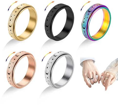 5 Pcs Bague Anti Stress,Fidget Ring Rotative Tournante Anneau Acier Inoxydable,Bague Anti Stress Homme Femme,Durable Robuste,éléments Astronomiques Finition Sablée Ornée Lunes D'étoiles (5 Couleurs)