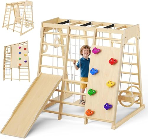 Montessori Indoor Spielset,9-in-1 Kinder Klettergerüst Indoor Holz klappbar mit Rutsche Schaukel Kletterwand - Stabil 150kg Motorikfördernd für 2-10 Jahre