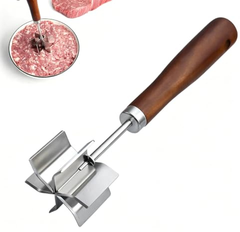 VELAJA Picadora de Carne Manual, 6 Cuchillas Curvas de Acero Inoxidable, Desmenuzador de Pollo con Mango de Madera, Picadora de Verduras Multifunción para Carne Picada, Puré de Patatas