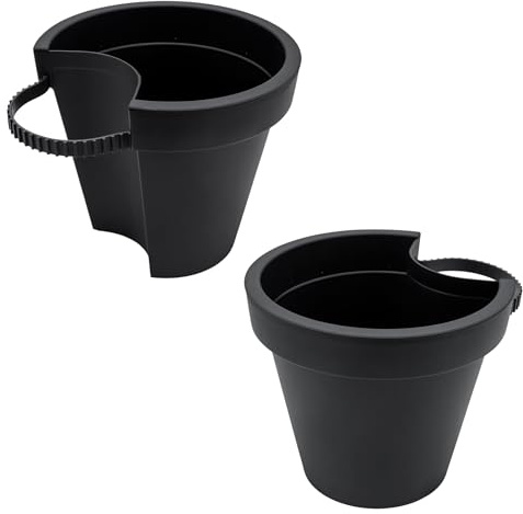 Kunststoff Blumentopf für Regenrohr 24 x 21 cm 2er Set - anthrazit - Pflanztopf mit Befestigungsgurt für Fallrohr - Hänge Blumentopf Pflanzgefäß Hängetopf vertikaler Garten für Säule und Pfosten